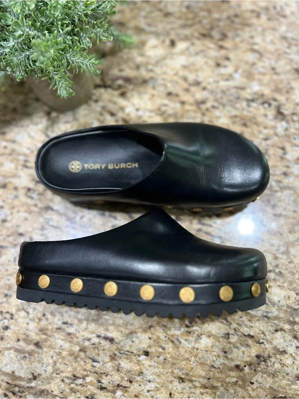 Tory Burch Black Leather Platform Mules with Gold Coins 6M